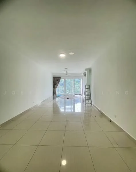 Living features: white painted walls, glossy ceramic tile flooring, recessed downlights, 5-blade ceiling fan, floor-to-ceiling windows, sliding glass door, curtains, air conditioning unit, ladder, natural light, neutral color scheme; style: modern; view: garden.