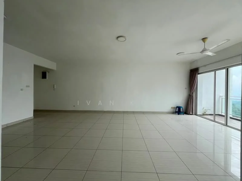Living features: white painted walls, glossy ceramic tile flooring, 5-blade ceiling fan with light, floor-to-ceiling windows, sliding glass door, curtains, neutral color scheme, open layout; style: modern; view: city.