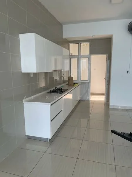 Kitchen features: white cabinetry, flat-panel cabinet doors, ceramic tile backsplash, stainless-steel countertop, built-in gas hob, single-bowl stainless-steel sink, wall-mounted extractor hood, large window for natural light, neutral-colored walls, polished ceramic tile flooring, recessed ceiling lights; style: modern.