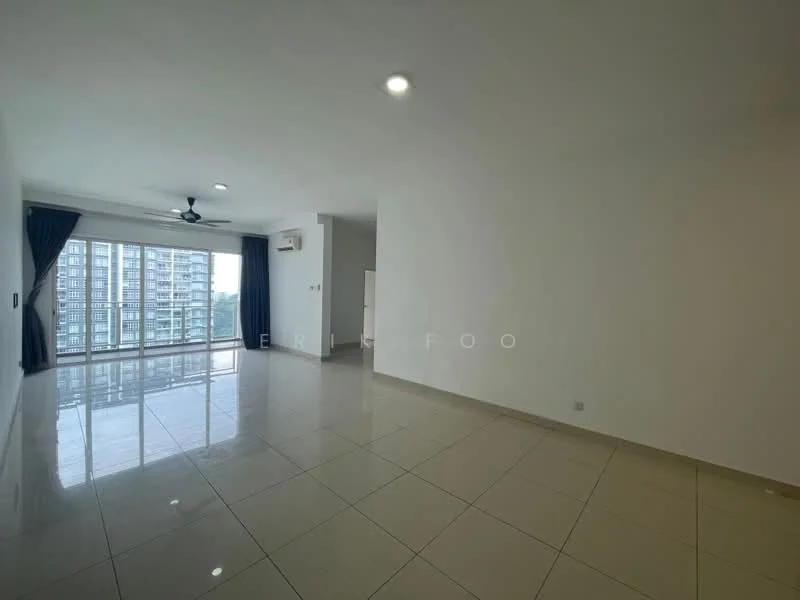Living features: white painted walls, glossy ceramic tile flooring, 5-blade ceiling fan with light, floor-to-ceiling windows, blackout curtains, air conditioning unit, recessed downlights; style: modern; view: city.