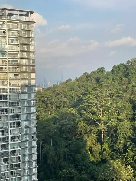 Exterior type: high-rise condominium; features: glass curtain wall, balconies on upper floors, surrounded by greenery, urban skyline in background; style: modern.