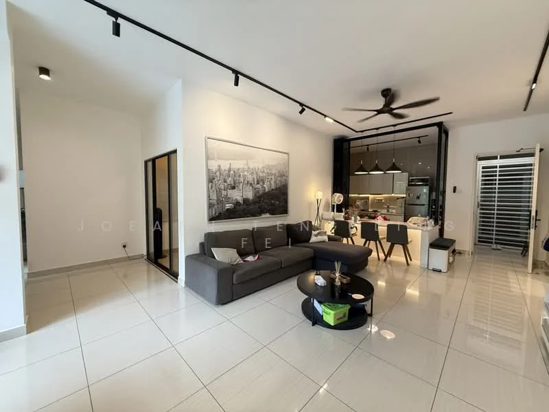 Living features: grey fabric sofa, round coffee table, white painted walls, recessed downlights, 5-blade ceiling fan, large window with sheer curtains, marble tile flooring, decorative wall art, open layout to kitchen, area rug; style: modern; view: city. Kitchen features: kitchen island, stainless-steel appliances, white cabinetry, pendant lighting, open shelving, black countertop, backsplash with tiles; style: modern.