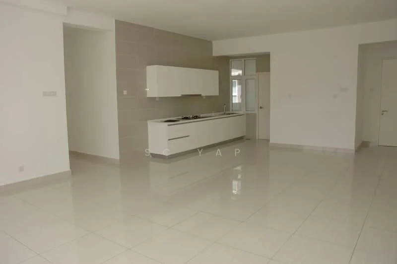 Living features: white painted walls, glossy tile flooring, open-plan layout, kitchen island with built-in stove, white cabinetry, large window for natural light, neutral color scheme, recessed downlights; style: modern.