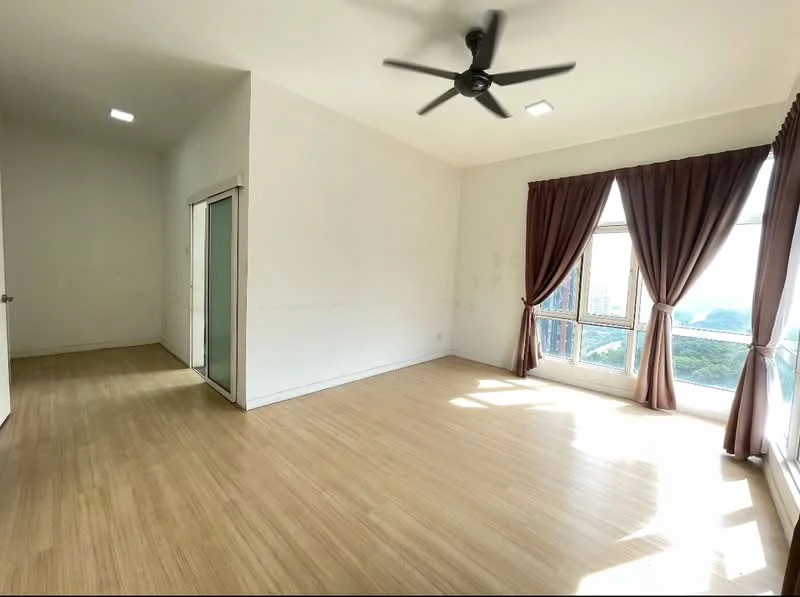 Room features: light wood flooring, white painted walls, ceiling fan, floor-to-ceiling windows, brown curtains, natural light, city view; style: modern; view: city.