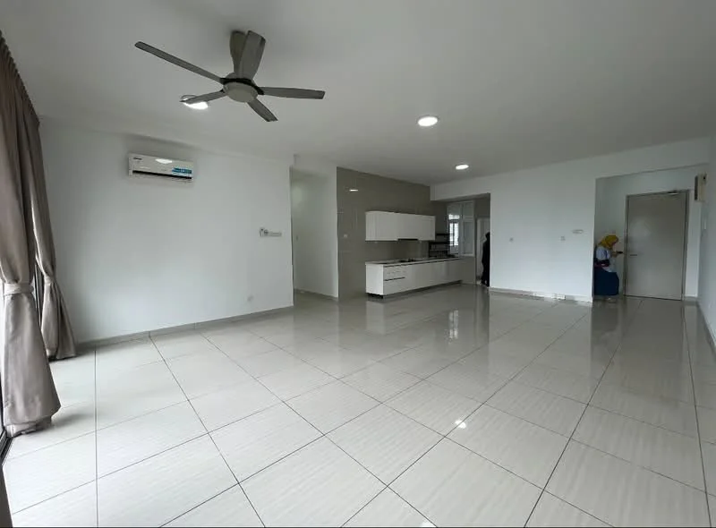 Living features: white painted walls, glossy ceramic tile flooring, 5-blade ceiling fan with light, wall-mounted split AC, recessed LED downlights, large windows with sheer curtains, neutral color scheme, open layout, kitchen area visible in background, doorway leading to other rooms; style: modern.
