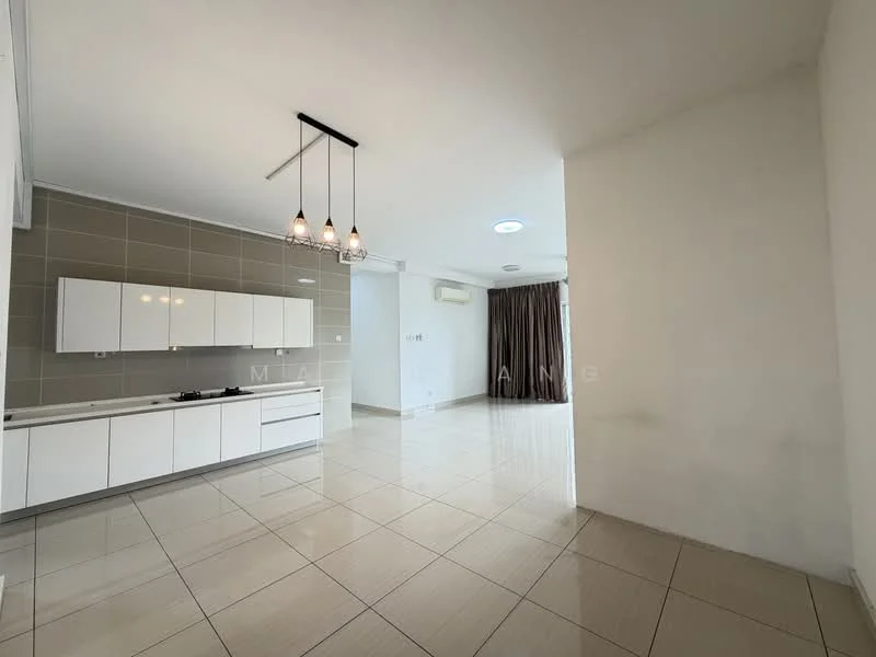 Kitchen features: white cabinetry, marble countertop, built-in gas hob, stainless-steel range hood, ceramic tile flooring, recessed downlights, pendant lighting, open layout, wall-mounted air conditioning unit; style: modern. Living features: large windows with sheer curtains, cream painted walls, tile flooring, recessed ceiling lights, open layout, space for dining area; style: modern.