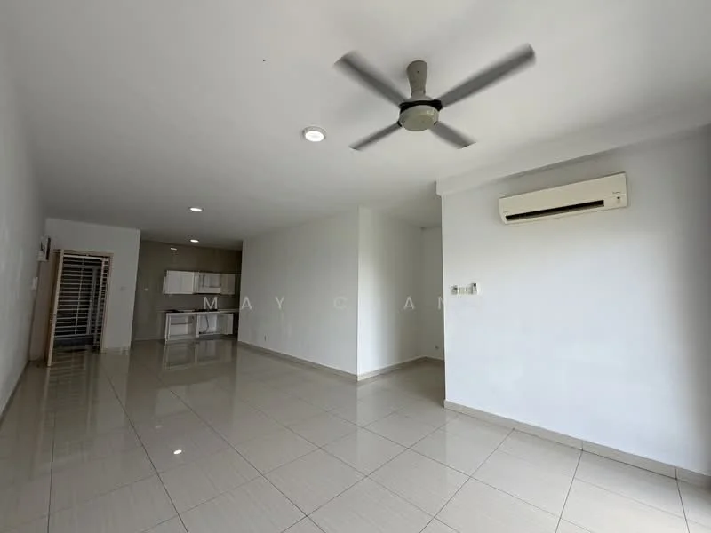 Living features: white painted walls, glossy ceramic tile flooring, 5-blade ceiling fan with light, wall-mounted split AC, recessed downlights, open layout, large windows, neutral color palette; style: modern. Kitchen features: white cabinetry, stainless-steel sink, countertop, built-in appliances, open to living area; style: modern.