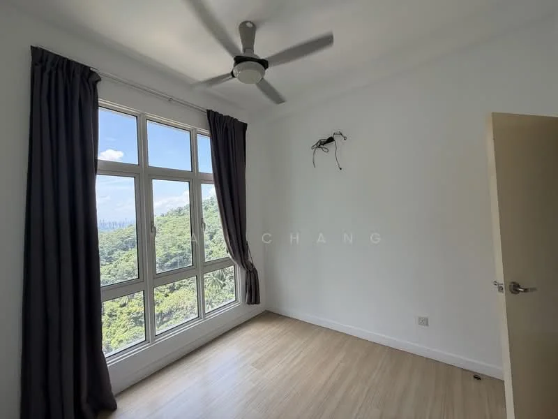 Bedroom features: light wood laminate flooring, white painted walls, 5-blade ceiling fan, floor-to-ceiling windows, curtains in dark grey, mounting bracket on wall, view of greenery, single door, baseboard trim; style: modern; view: garden.