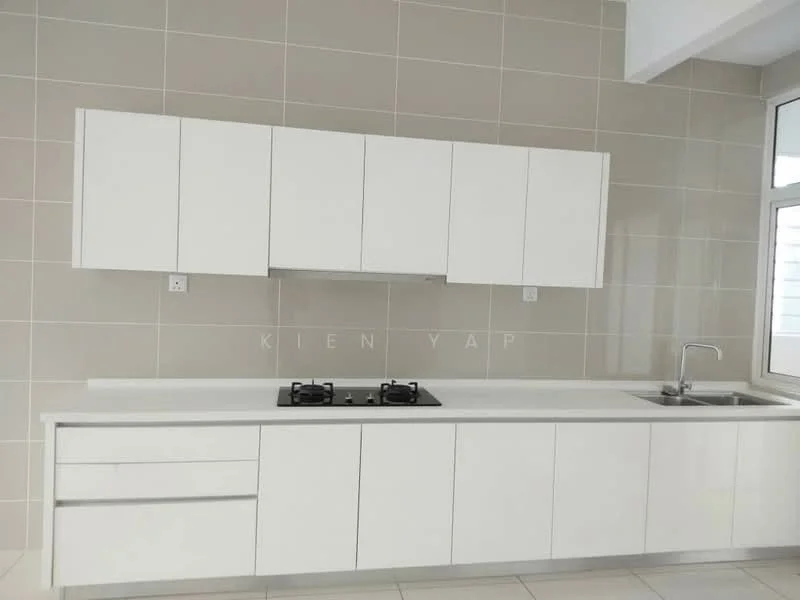 Kitchen features: white cabinetry, stainless-steel sink, chrome pull-down faucet, 2-burner gas hob, white countertop, light grey tiled backsplash, wall-mounted range hood, floor-to-ceiling windows, neutral tiled flooring, open shelving, built-in cabinets; style: modern.