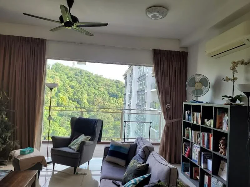 Living features: 5-blade ceiling fan with light, floor-to-ceiling windows, sliding glass door, sheer curtains, grey fabric sofa, decorative cushions, coffee table, bookshelf with books and decor, wall-mounted air conditioning unit, area rug, potted plants; style: modern; view: garden.