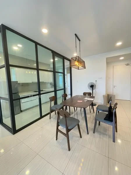 Dining features: glass partition wall, modern pendant light, wood dining table, 6 wooden dining chairs with grey upholstery, white tiled flooring, built-in kitchen cabinetry, stainless-steel appliances, open-plan layout; style: modern. Kitchen features: white cabinetry, stainless-steel fridge, stainless-steel oven, stainless-steel range hood, ceramic tile backsplash, grey countertop; style: modern.