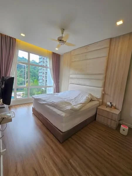 Bedroom features: king-size bed, upholstered headboard, wooden bedside table, floor-to-ceiling windows, curtains in light fabric, ceiling fan, laminate flooring, decorative wall paneling, mountable TV unit, view of greenery; style: modern; view: garden.
