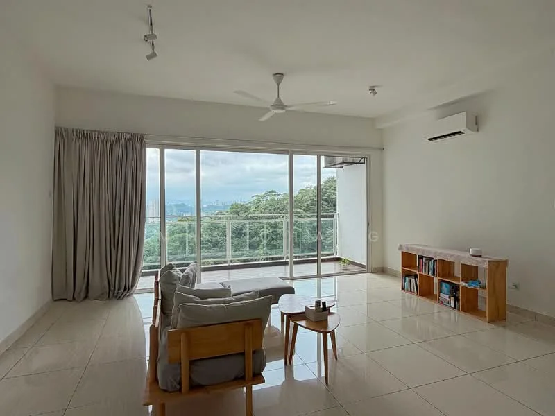 Living features: floor-to-ceiling windows, sliding glass door, curtains, 5-blade ceiling fan, wall-mounted split AC, cream painted walls, polished tile flooring, wooden coffee table, bookshelf with open shelving, upholstered sofa in light grey, decorative side table; style: modern; view: garden.