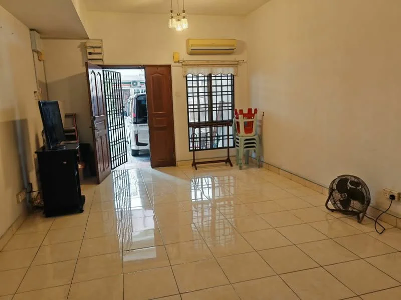 Living features: glossy ceramic tile flooring, white painted walls, dropped ceiling with pendant lights, 1 wall-mounted split AC, floor-to-ceiling glass door, wooden door with glass panels, TV console, black TV, fan, folding chair, plastic chairs, window treatments; style: modern.
