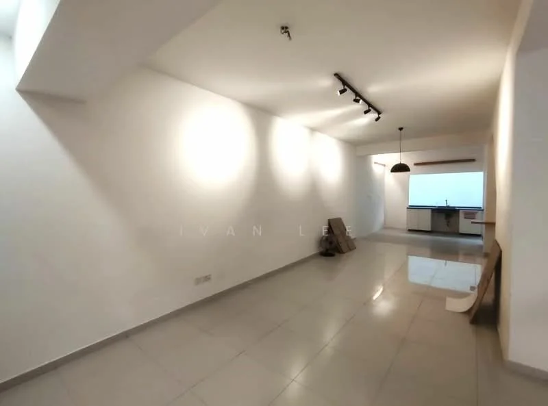 Living features: white painted walls, recessed downlights, track lighting, sliding glass door, large window, grey tiled flooring, open layout to kitchen, pendant lamp; style: modern.