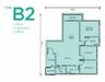 Floor plan: 2-bedroom 2-bathroom unit; features: open-plan kitchen-dining-living, master bedroom with ensuite bathroom, bedroom 2 with shared bathroom, utility room, balcony off living room, central foyer.