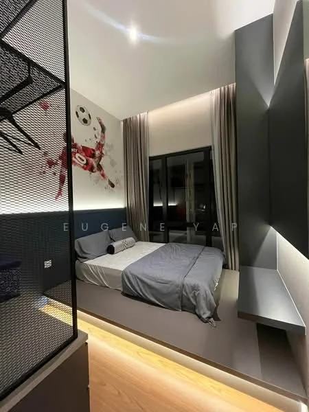 Bedroom features: queen-size bed with grey bedding, upholstered headboard, wall-mounted shelf, floor-to-ceiling windows, sheer curtains, decorative wall mural with soccer theme, wooden flooring, recessed downlights, grey accent wall, built-in wardrobe; style: modern.