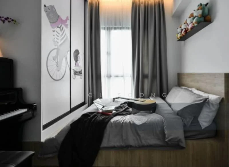 Bedroom features: queen-size bed with grey bedding, wooden bed frame, decorative wall with animal illustrations, floor-to-ceiling window with sheer curtains, grey curtains, wooden bedside table, piano, shelf with stuffed toys, area rug, decorative throw blanket; style: modern.