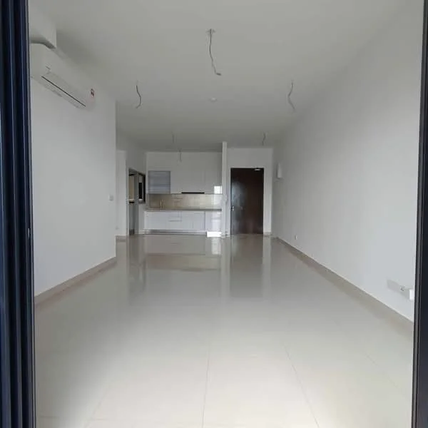 Living features: white painted walls, glossy tile flooring, recessed downlights, 1 wall-mounted split AC, open layout to kitchen, floor-to-ceiling windows, neutral color scheme, no visible furniture; style: modern. Kitchen features: white cabinetry, stainless-steel appliances, open-plan layout, countertop with backsplash, no visible kitchen island; style: modern.