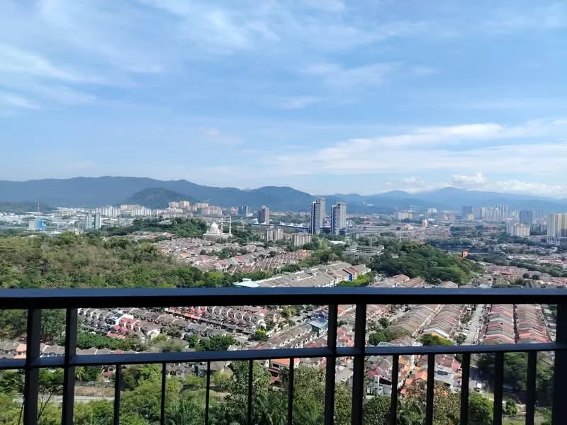 Exterior type: high-rise condominium; features: city skyline view, mountain view, balcony railing, surrounded by greenery, urban landscape, multi-storey buildings in the background; style: modern.