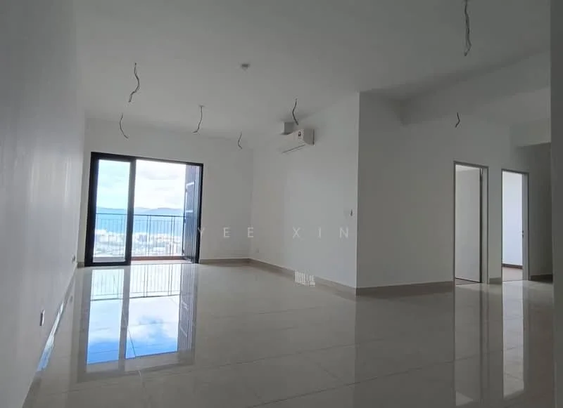 Room features: white painted walls, glossy tile flooring, floor-to-ceiling windows, sliding glass door, 1 wall-mounted split AC, recessed ceiling lights, open layout, balcony access, sea view; style: modern; view: sea.