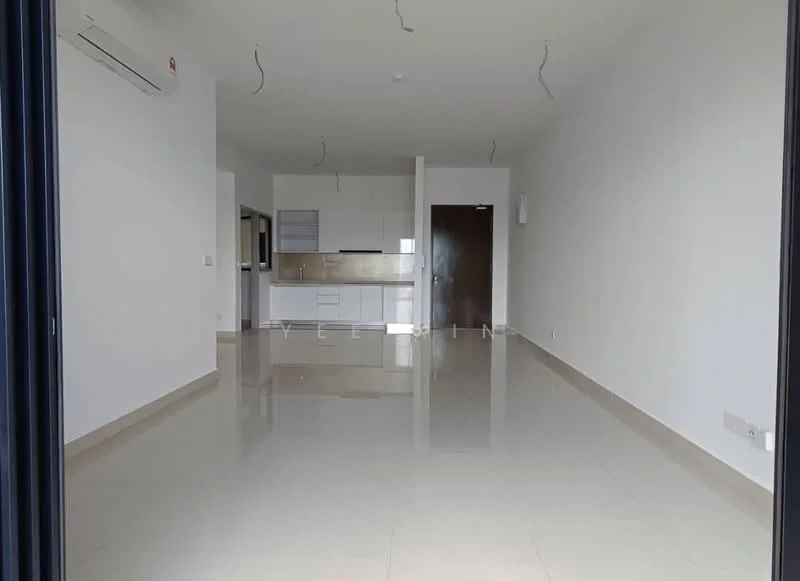 Living features: white painted walls, polished ceramic tile flooring, recessed downlights, 1 wall-mounted split AC, open layout to kitchen, floor-to-ceiling windows, neutral color scheme, no visible furniture; style: modern. Kitchen features: white cabinetry, stainless-steel countertop, built-in oven, freestanding range oven, kitchen island, no visible appliances; style: modern.