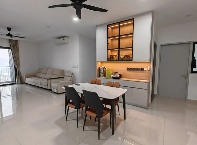 Living features: 3-seater fabric sofa in beige, dining table with white surface, 4 upholstered dining chairs in brown, wall-mounted air conditioning unit, floor-to-ceiling windows, curtains, recessed downlights, polished ceramic tile flooring, light wood cabinetry, kitchen countertop with under-cabinet lighting; style: modern; view: city.