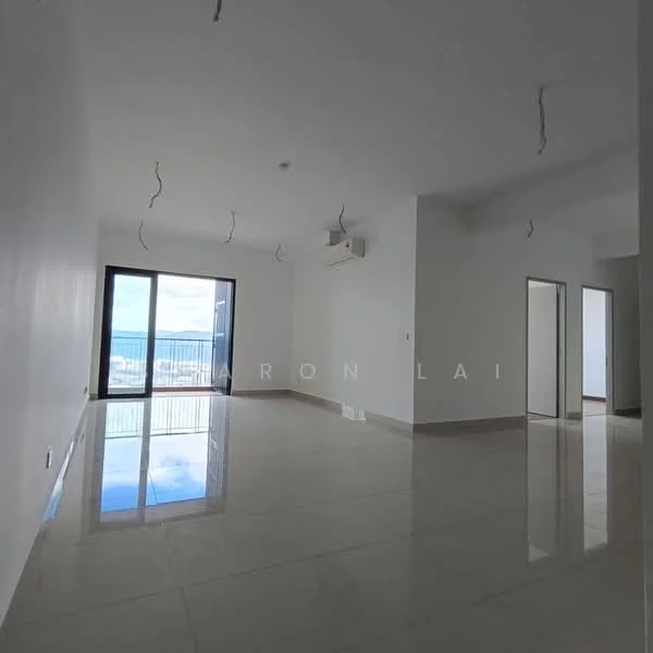 Room features: white painted walls, glossy marble tile flooring, floor-to-ceiling windows, 1 wall-mounted split AC, recessed downlights, open layout, sliding glass door, neutral color scheme; style: modern; view: city.