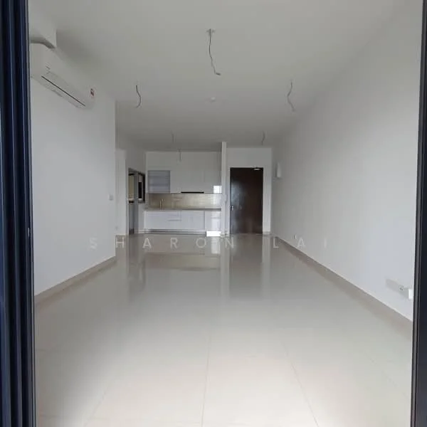 Room features: white painted walls, glossy ceramic tile flooring, 1 wall-mounted split AC, recessed downlights, open kitchen layout, kitchen cabinetry, kitchen countertop, doorway leading to another room; style: modern.