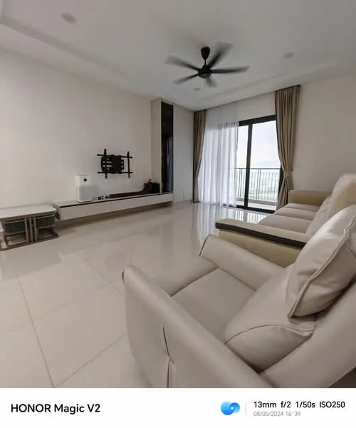 Living features: cream leather recliner sofas, wall-mounted TV, white painted walls, glossy tile flooring, floor-to-ceiling windows, sheer curtains, ceiling fan with light, neutral color scheme, minimalist decor; style: modern; view: city.