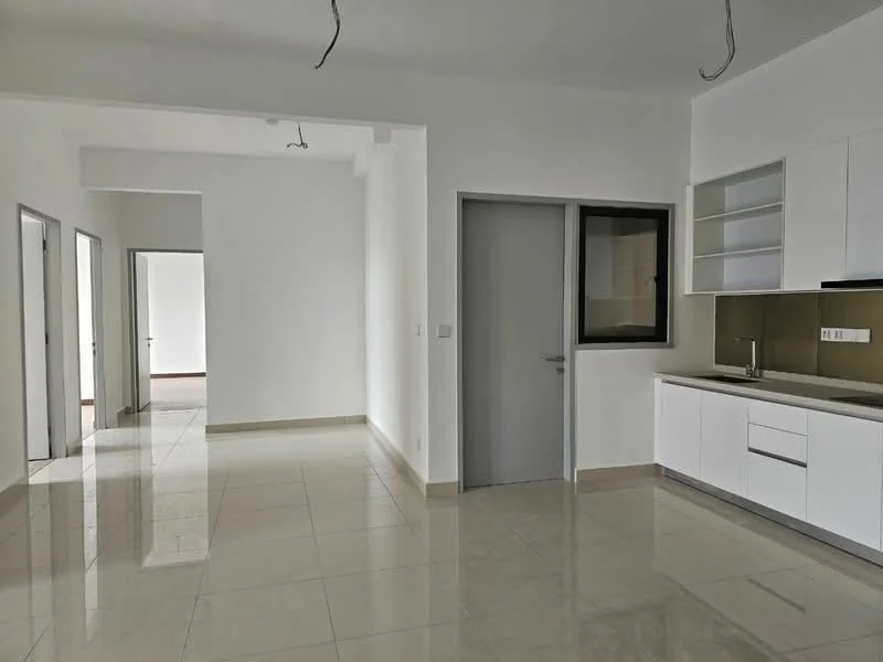 Room features: white painted walls, glossy marble tile flooring, recessed downlights, kitchen cabinetry with white finish, kitchen countertop with beige surface, window with black frame, open layout, doorway leading to other rooms; style: modern.