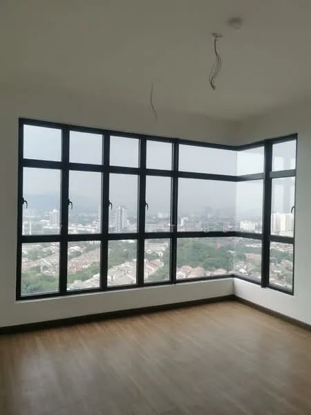 Room features: large floor-to-ceiling windows, black window frames, wooden flooring, neutral painted walls, city view, corner room layout, high ceiling, natural light; style: modern; view: city.