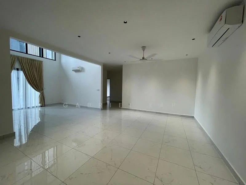 Living features: white painted walls, marble tile flooring, recessed downlights, 5-blade ceiling fan, floor-to-ceiling windows, sheer curtains, sliding glass door, air conditioning unit; style: modern.
