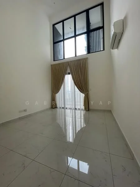 Room features: white painted walls, marble tile flooring, floor-to-ceiling windows, sheer curtains, dropped ceiling, 1 wall-mounted split AC, natural light from windows, neutral color palette; style: modern.