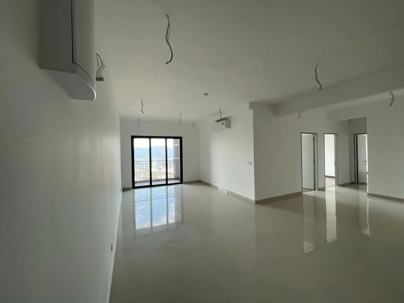 Room features: white painted walls, glossy ceramic tile flooring, floor-to-ceiling windows, sliding glass door, 1 wall-mounted split AC, recessed downlights, open layout, neutral color scheme; style: modern; view: city.