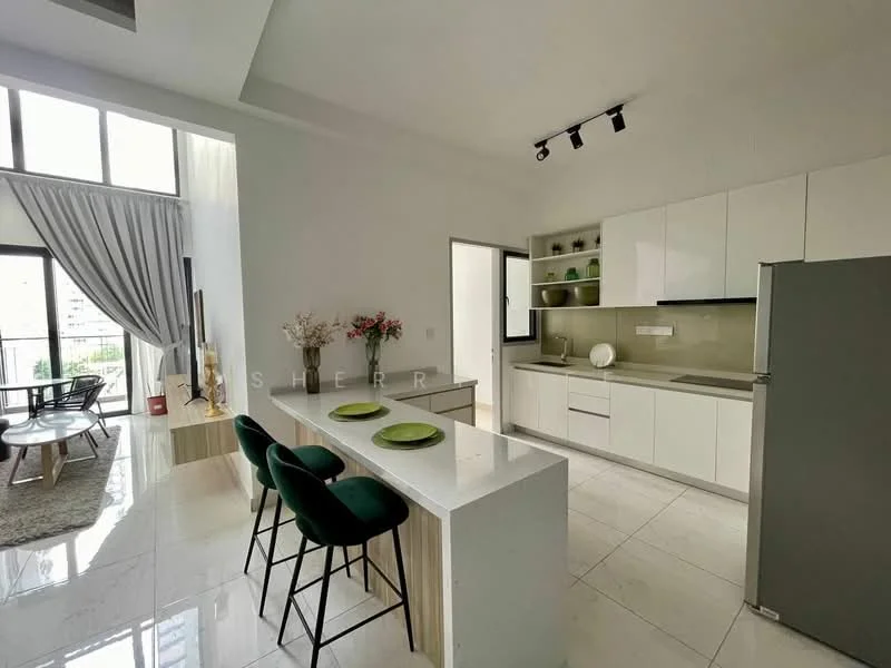Kitchen features: white cabinetry, grey countertop, stainless-steel fridge, built-in oven, 4-burner gas hob, single-bowl stainless-steel sink, chrome pull-down faucet, pendant lighting, bar stools, open layout, large windows, marble tile flooring; style: modern; view: city. Living features: floor-to-ceiling windows, light grey curtains, coffee table, sofa, area rug; style: modern; view: city.