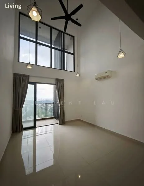 Living features: high ceiling, floor-to-ceiling windows, sliding glass door, curtains, 5-blade ceiling fan, 2 pendant lights, cream painted walls, glossy ceramic tile flooring, wall-mounted split AC, view of the city, balcony access; style: modern; view: city.