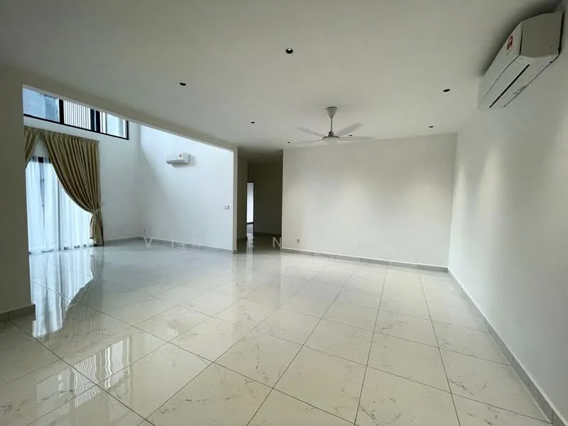 Living features: white painted walls, marble tile flooring, recessed downlights, 5-blade ceiling fan, floor-to-ceiling windows, sheer curtains, split air conditioning unit, open layout, high ceiling; style: modern.