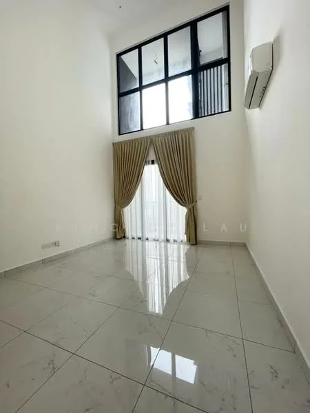 Room features: white painted walls, marble tile flooring, floor-to-ceiling windows, sheer curtains, dropped ceiling, 1 wall-mounted split AC, curtains with tiebacks; style: modern.
