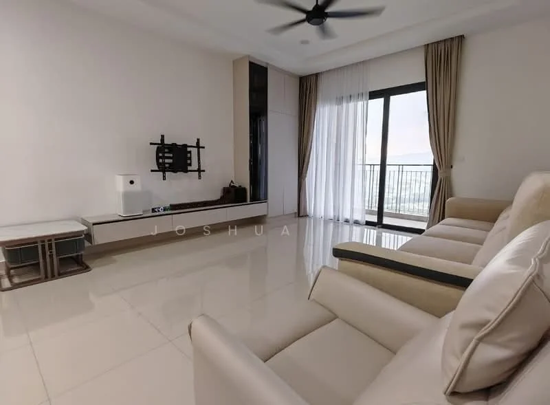 Living features: cream leather recliner sofa, wall-mounted TV console, floor-to-ceiling windows, sheer curtains, sliding glass door, light-colored tiled flooring, ceiling fan, neutral painted walls, decorative wall paneling, open space layout; style: modern; view: city.