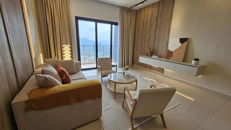 Living features: 3-seater fabric sofa in light grey, accent throw blanket in mustard, 2 armchairs in white upholstery, round coffee table with wooden legs, wall-mounted TV console in white, decorative wall art, floor-to-ceiling windows, sheer curtains, wood panel accent wall, recessed LED downlights, tile flooring in light color, indoor plant on console; style: modern; view: mountain.