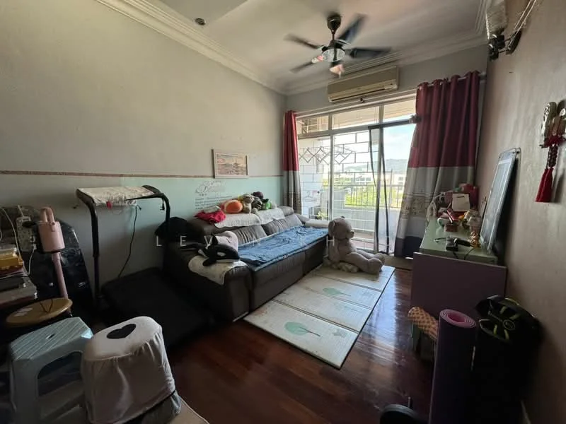 Living features: wooden flooring, white painted walls, ceiling fan, sliding glass door, curtains, sofa, treadmill, decorative mirror, area rug, wall-mounted shelf, stuffed animals, exercise mat; view: city.