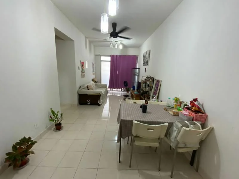 Living features: white painted walls, glossy tile flooring, 5-blade ceiling fan with light, sofa in beige, dining table with checkered tablecloth, 4 dining chairs, decorative plants, curtains in purple, wall-mounted mirror, TV console, area rug; style: modern.