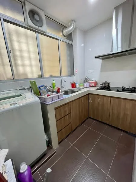 Kitchen features: single-bowl stainless-steel sink, chrome pull-down faucet, grey laminate countertop, wood cabinetry, built-in gas hob, exhaust hood, white ceramic backsplash, floor-to-ceiling windows, washing machine, tile flooring in dark brown, recessed downlights, open shelving; style: modern.