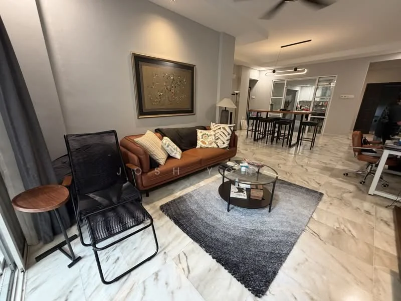 Living features: brown leather sofa, decorative cushions, glass coffee table, area rug with geometric pattern, marble tile flooring, grey painted walls, ceiling fan, floor-to-ceiling windows with sheer curtains, wooden side table, black metal chair; style: modern.