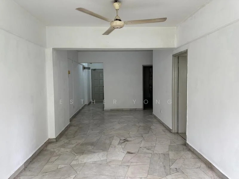 Room features: white painted walls, marble flooring, ceiling fan, doorway leading to another room, doorway leading to hallway, natural light from windows, neutral color scheme, open layout; style: minimalist.
