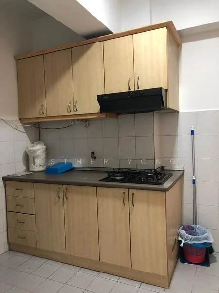 Kitchen features: light wood cabinetry, grey countertop, built-in gas hob, black range hood, white tiled backsplash, white tiled walls, grey floor tiles, sink, kitchen trash bin, kitchen towel holder.