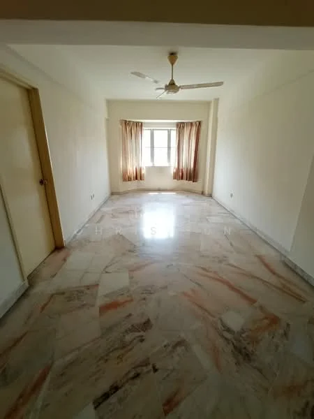 Living features: marble flooring, white painted walls, ceiling fan, floor-to-ceiling windows, sheer curtains, natural light, neutral color scheme, spacious layout.