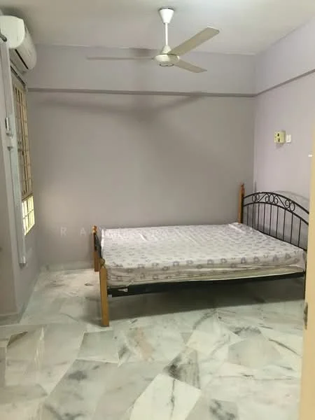 Bedroom features: queen-size bed frame without mattress, marble flooring, light grey painted walls, ceiling fan, wall-mounted split AC, window with grille, built-in wardrobe, decorative wall light; style: minimalist.