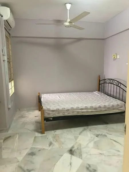 Bedroom features: single bed frame with mattress, marble flooring, grey painted walls, ceiling fan, wall-mounted air conditioning unit, window with grille, light switch, power outlet.